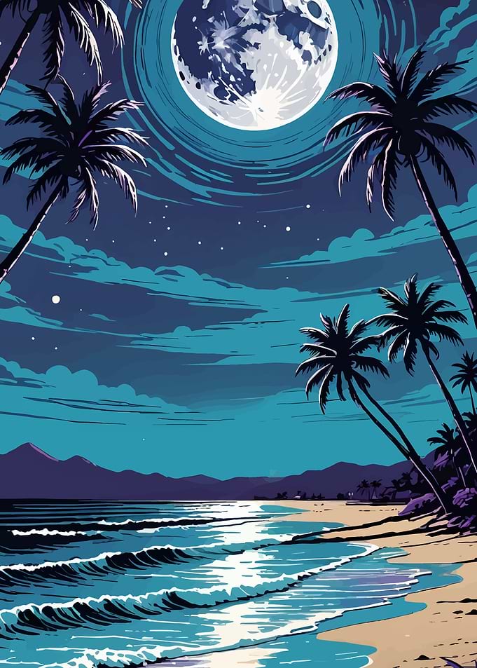 Tropical Beach at Night with Moon
