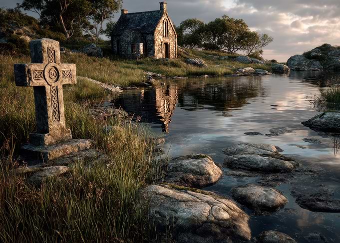 Stone House and Celtic Cross by Lake