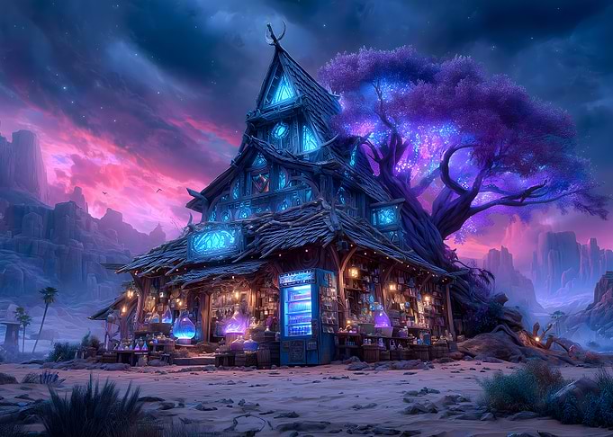Fantasy Magic Shop with Glowing Tree