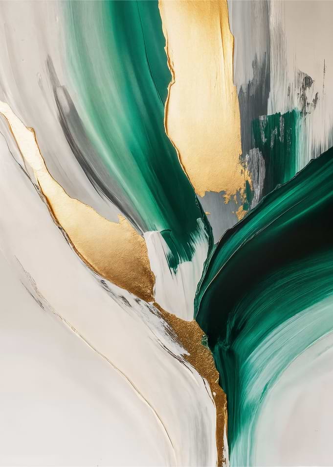 Modern Impasto Art Painting - Bold Emerald Green Gold & Gray Abstract Luxury Wall Decor