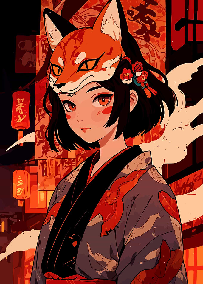 Anime Girl with Fox Mask