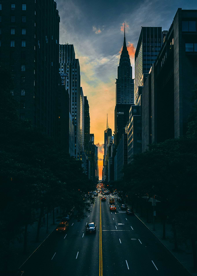 New York City street view at sunset