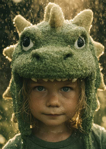 Child in Dinosaur Hat in Rain