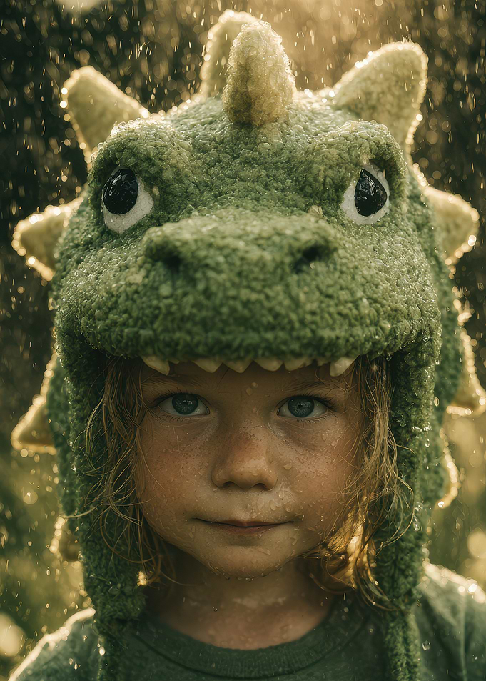 Child in Dinosaur Hat in Rain
