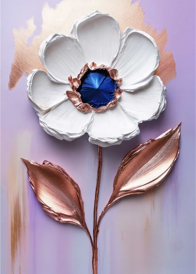 Textured White Floral Painting - Turquoise & Copper Impasto Art with Palette Knife Design