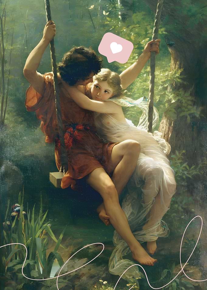 Lovers on a Swing in Forest