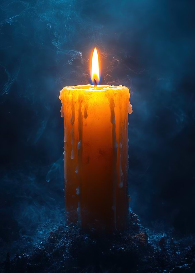 Burning Candle in Dark Blue Setting