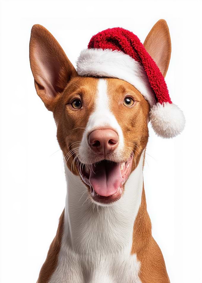 Ibizan Hound Dog with Santa Hat Portrait