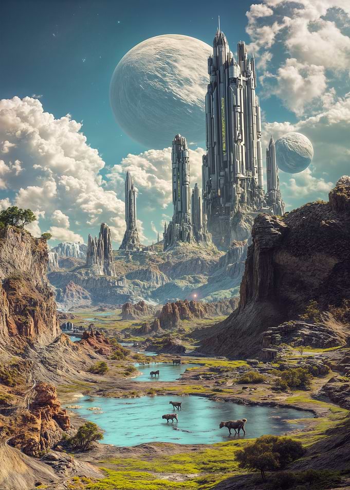 Futuristic Cityscape with Alien Planets