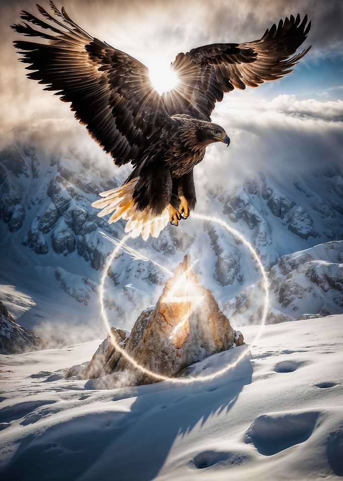 Eagle soaring over snowy mountain peak Rune Sowilo