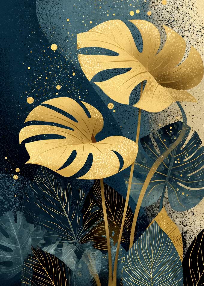 Golden Monstera Leaves Poster | Botanical Office Art