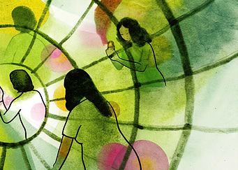 People in Circles Watercolor Illustration