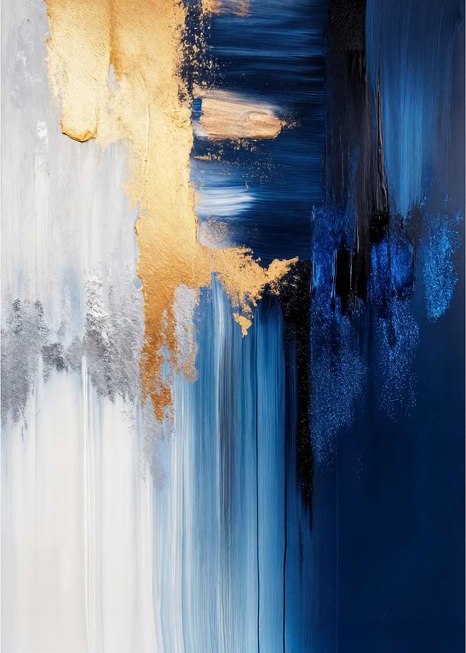 Modern Blue Gold Silver Abstract Painting - Handmade Impasto Art Textured Canvas Wall Decor