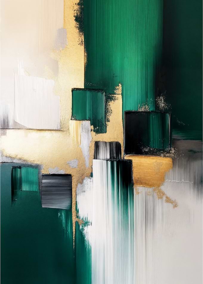 Emerald & Gold Impasto Abstract Painting – Handmade Textured Wall Art for Modern Luxury Interiors