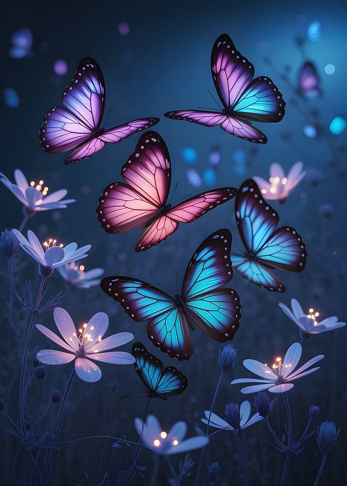 Butterflies and Flowers in Blue Light
