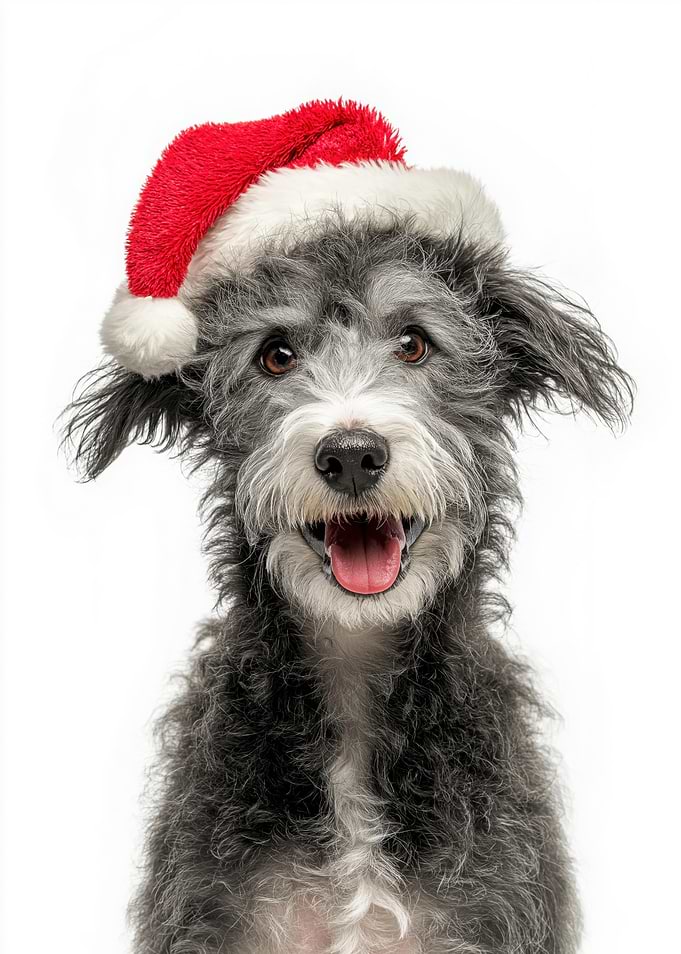 Pumi Dog with Santa Hat Portrait