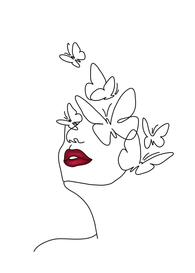 Woman's face with butterflies line art