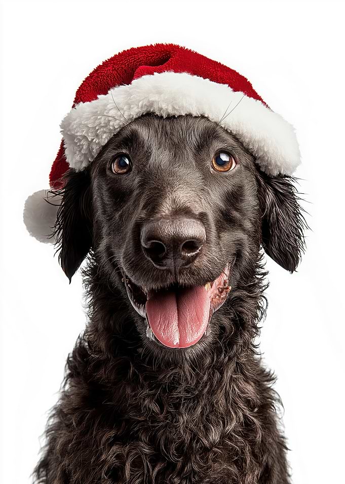 Curly-Coated Retriever Dog with Santa Hat