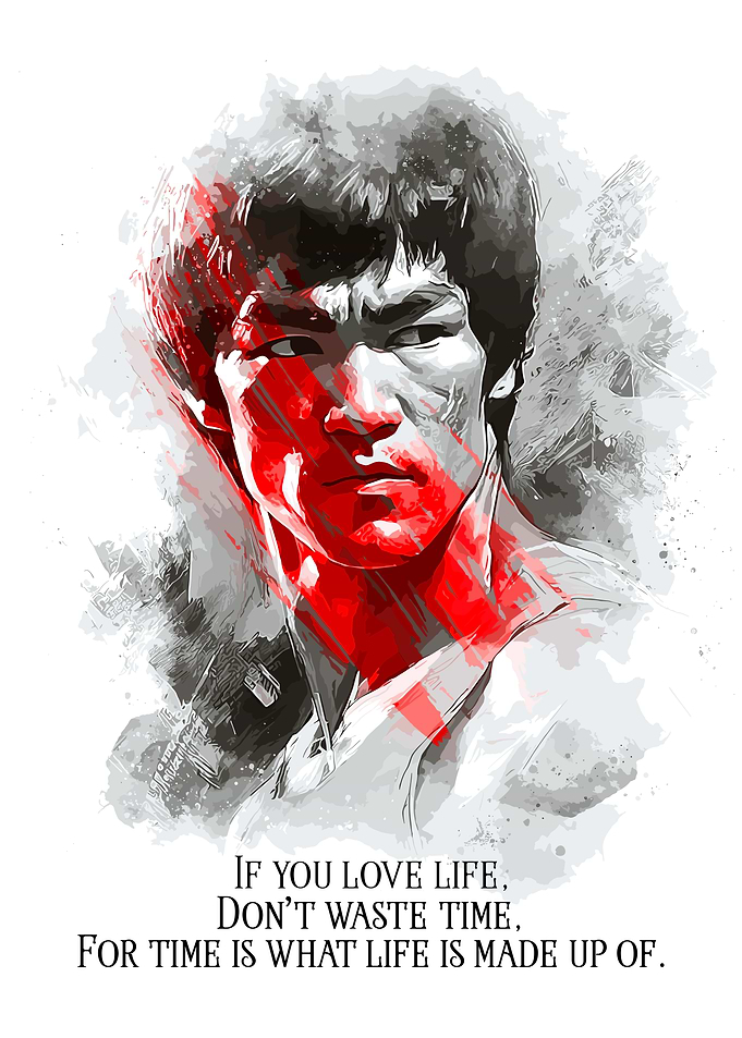 Bruce Lee Watercolor Portrait with Quotes