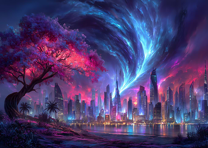 Futuristic Cityscape with Pink Tree