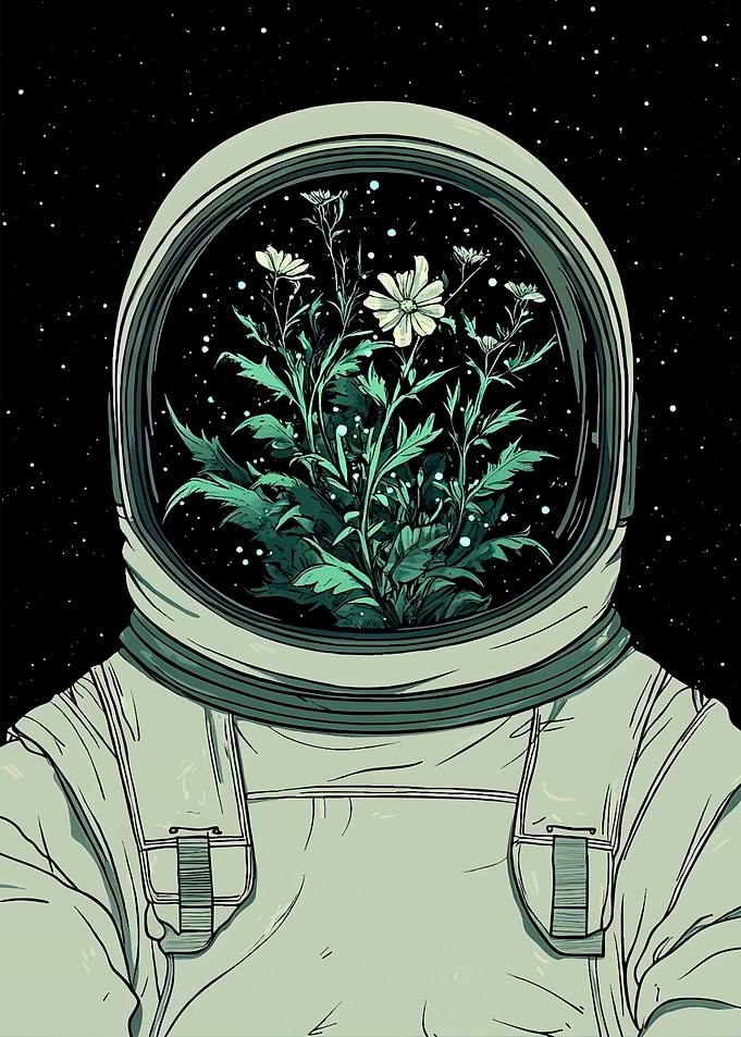 Astronaut with Flowers in Helmet