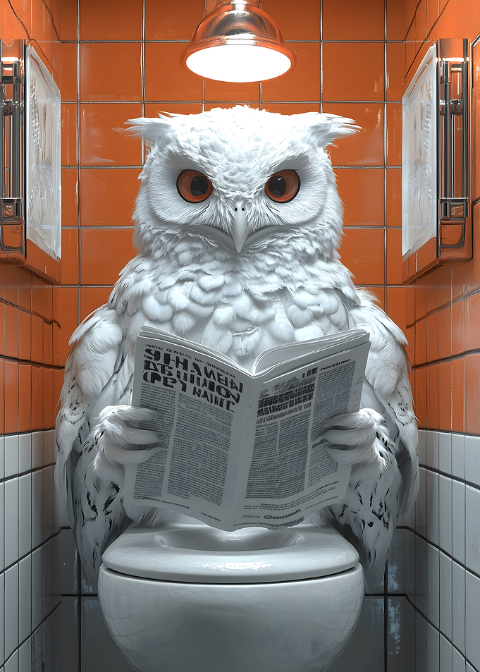 Owl reading newspaper on toilet