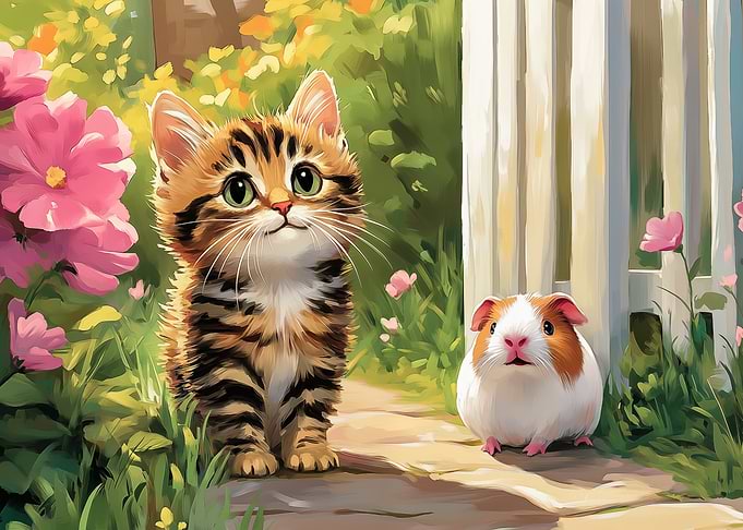 Cute Kitten and Guinea Pig Friends