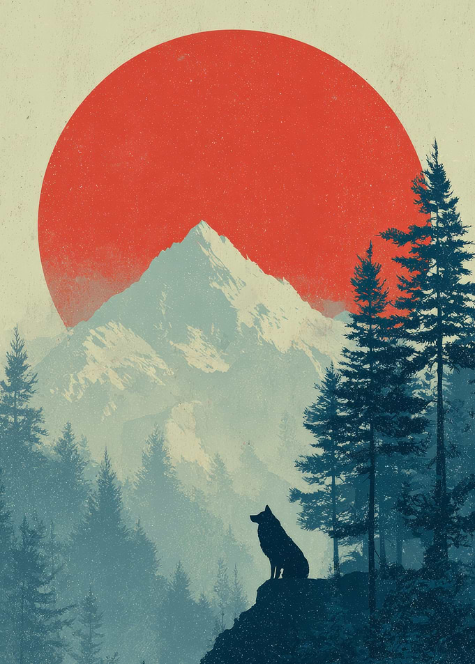 Wolf Silhouette Mountain Landscape Art | Lone Wolf Decor