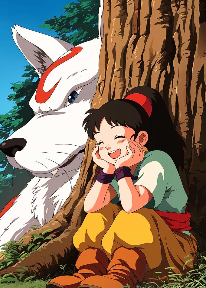 Anime Girl and Wolf Spirit by Tree