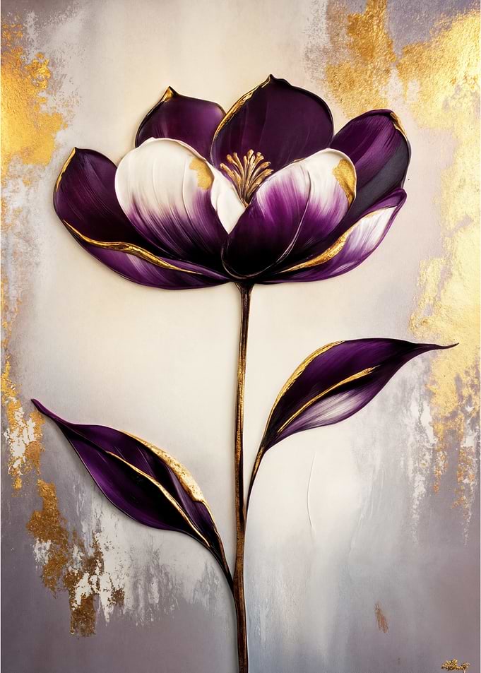 Elegant Purple & Gold Floral Art - Realistic Yet Abstract Painting for Sophisticated Decor