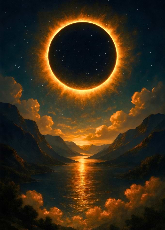 Solar Eclipse Over Mountain Lake