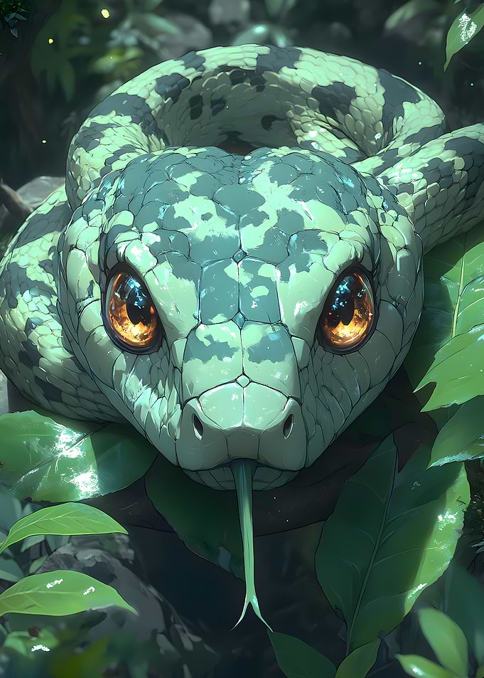 Cute Snake Portrait in Lush Greenery
