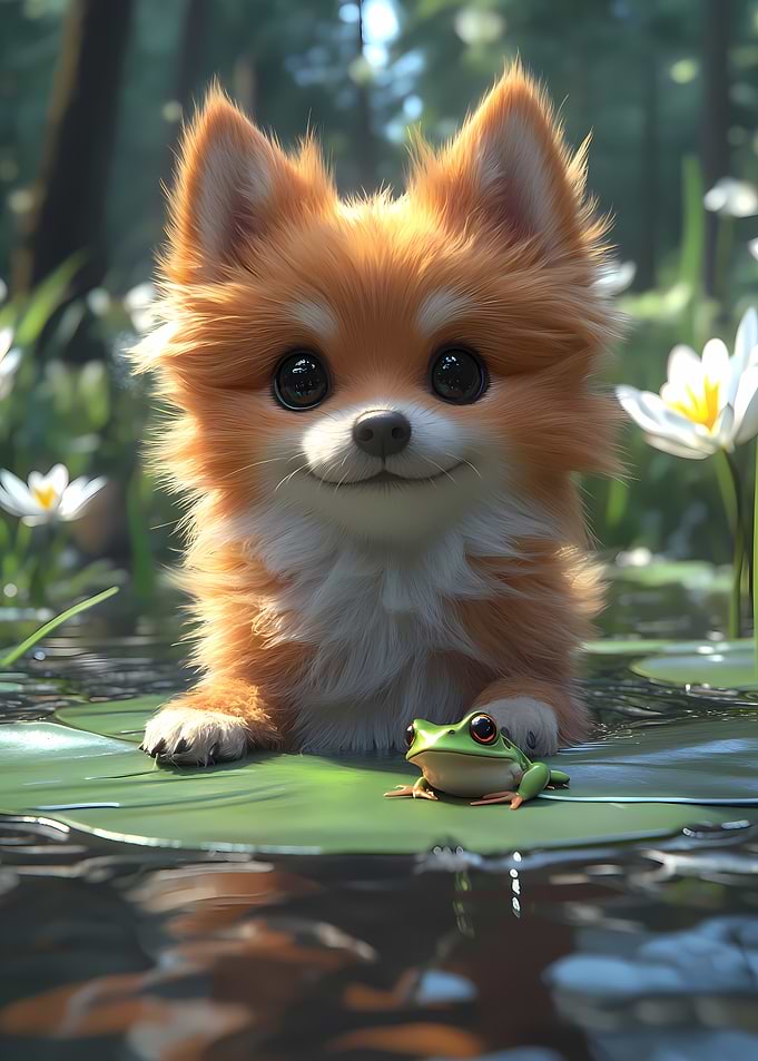 Cute Puppy and Frog in Pond