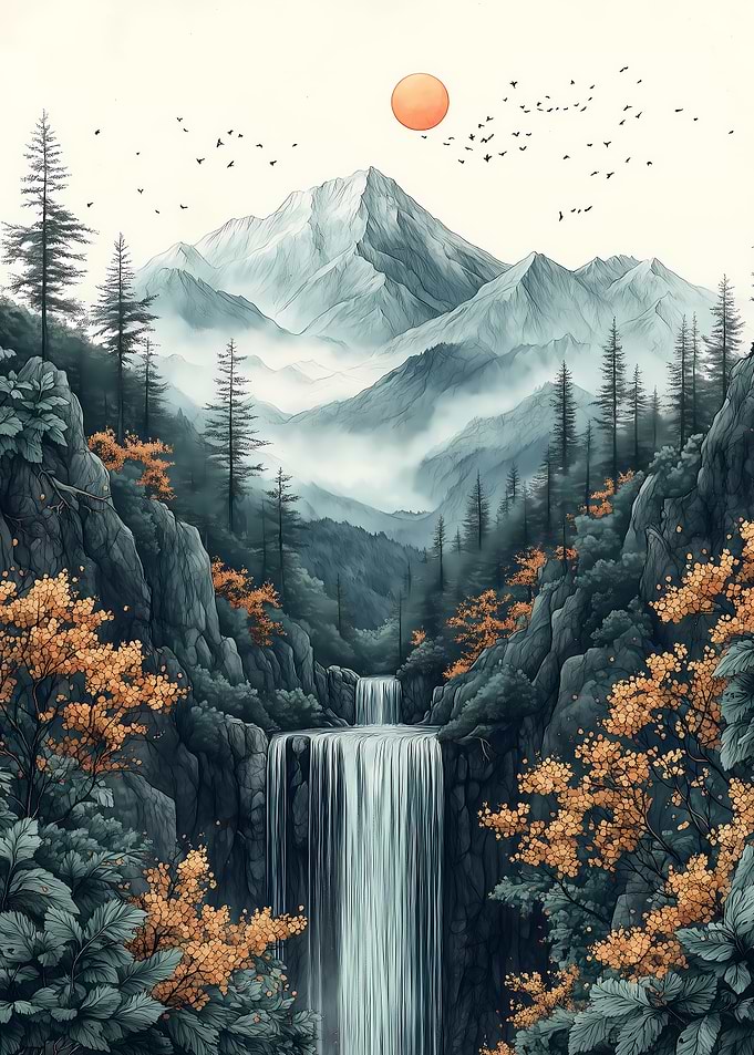 Mountain Waterfall Landscape with Birds