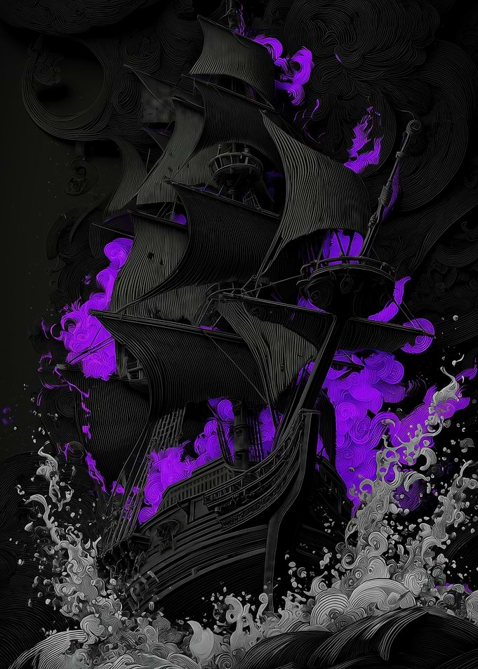 Black Ship with Purple Flames