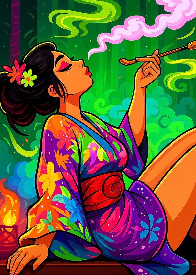 Woman in Kimono Smoking Pipe