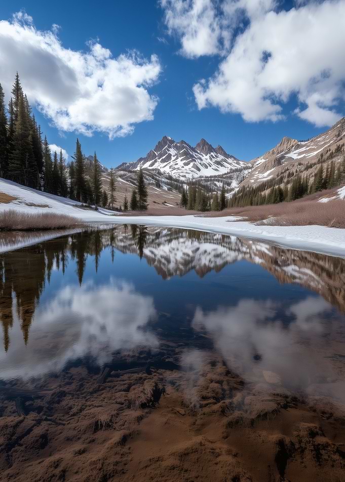 Serene Snowy Alpine Mountains with Reflection in Lake