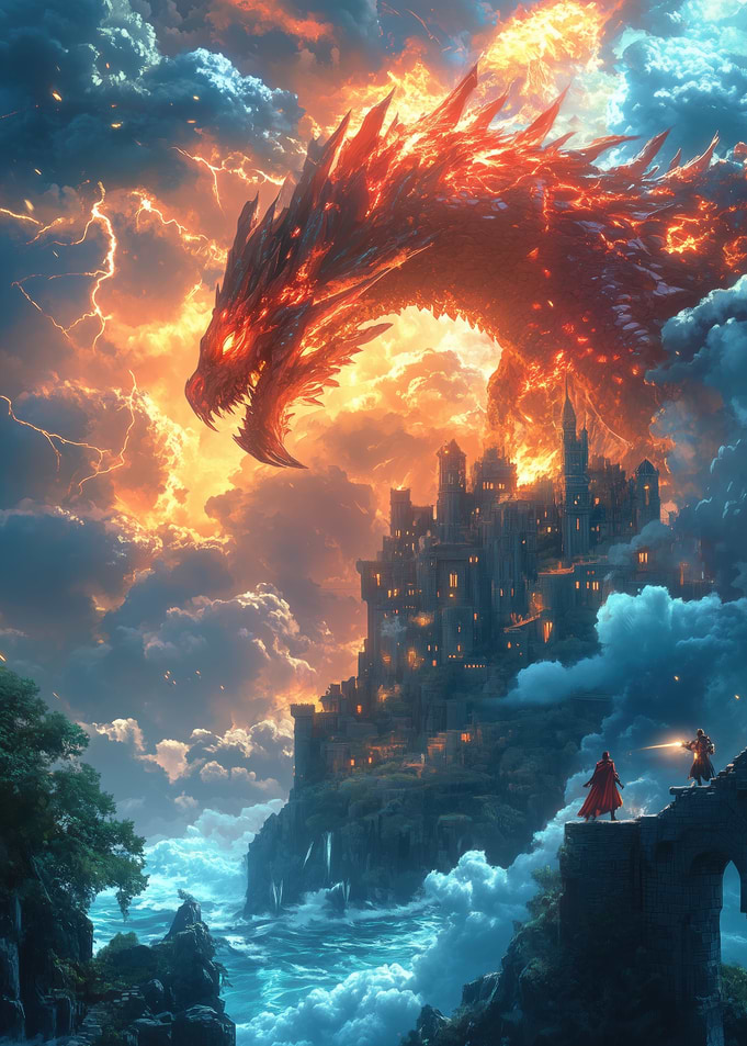 Fiery Dragon Overlooking Cliffside Castle