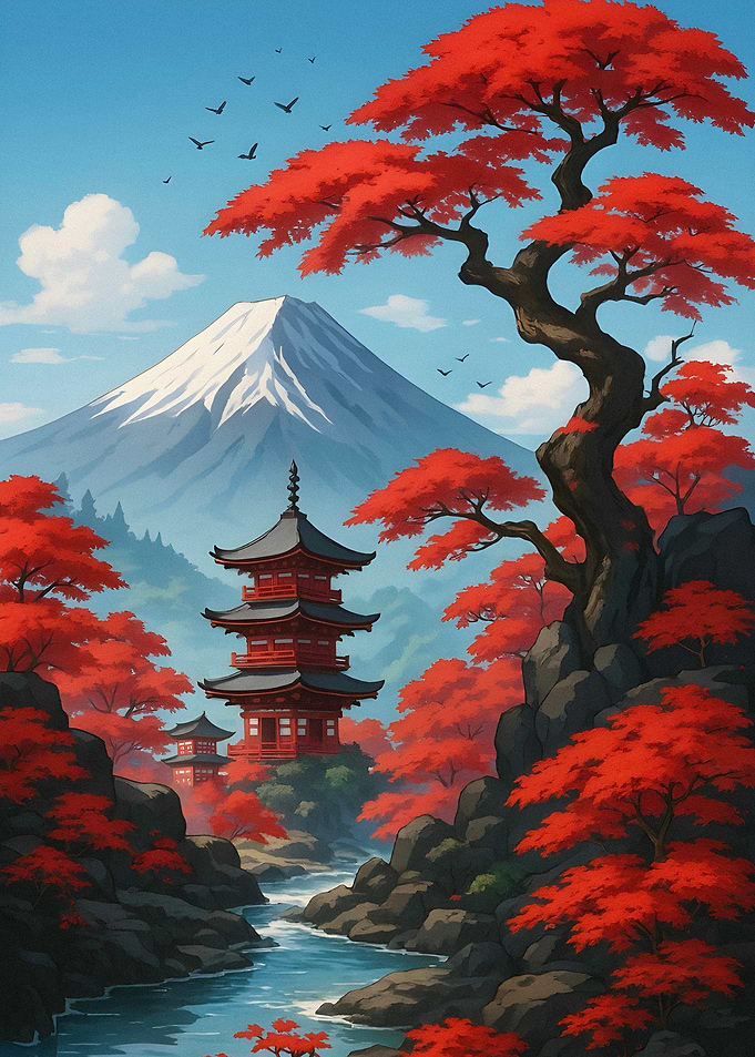 Japanese Pagoda with Mount Fuji