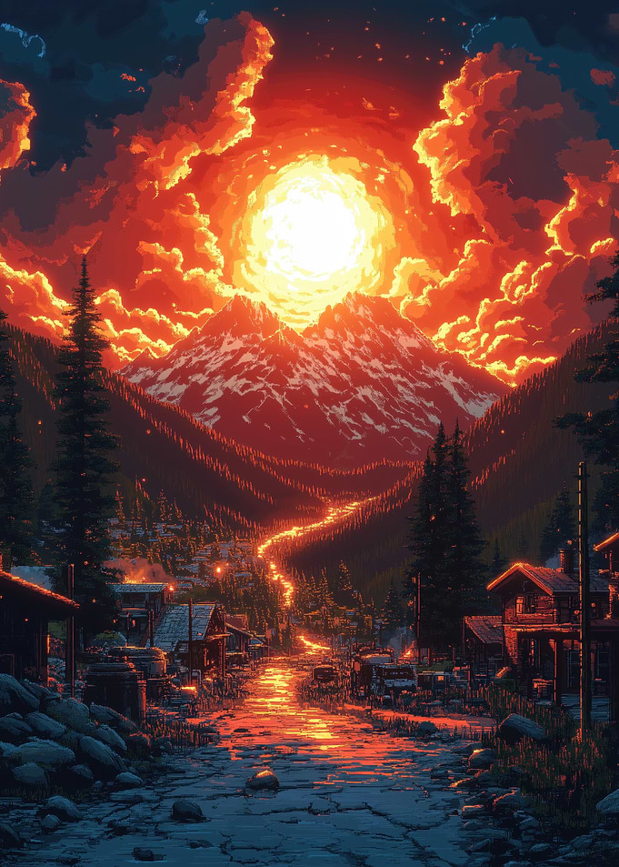 Pixel Art Mountain Town Sunset