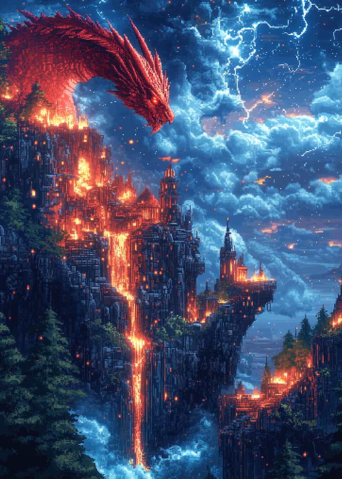 Red Dragon over Burning Cityscape