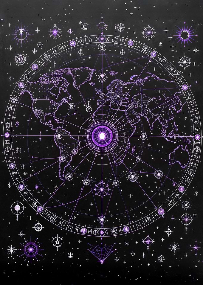 World Map with Celestial Symbols