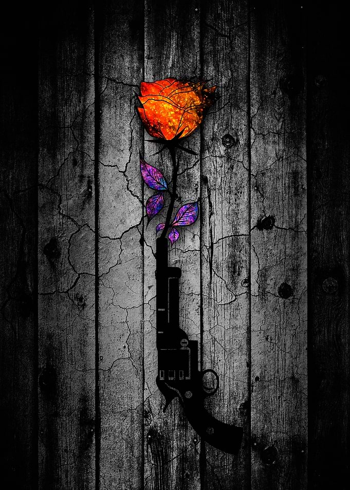 Gun and Rose on Wood