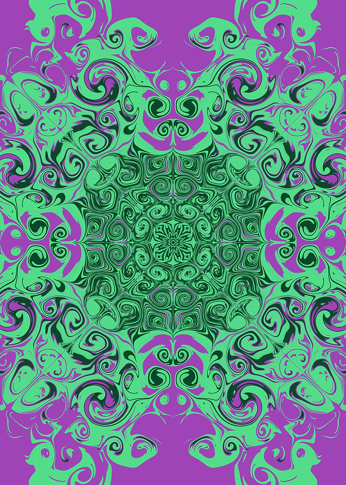 Mandala Kaleidoscope Pattern – Green and Purple Abstract Swirl Illusion Design