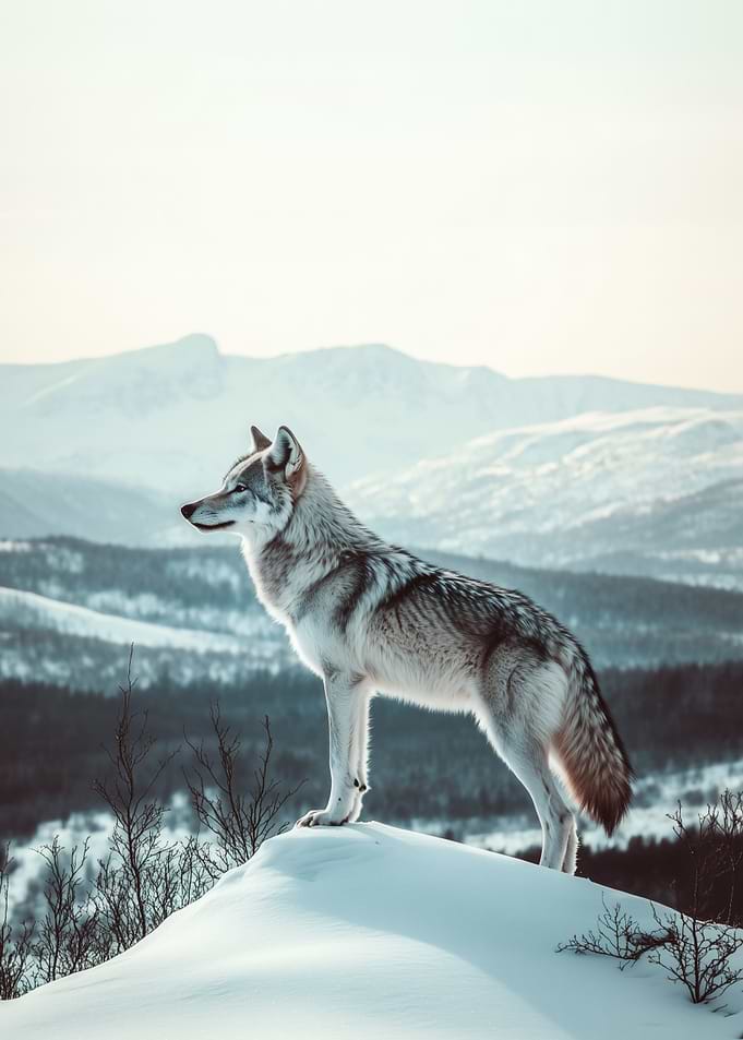 Wolf on Snowy Peak of Nordic Mountains