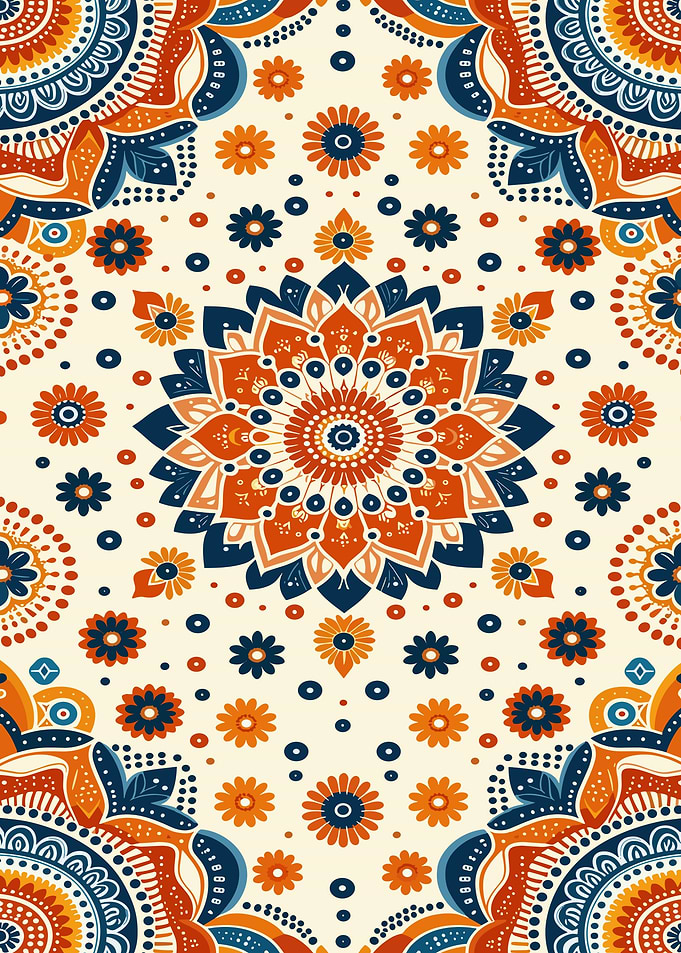 Floral Mandala Pattern in Orange and Blue