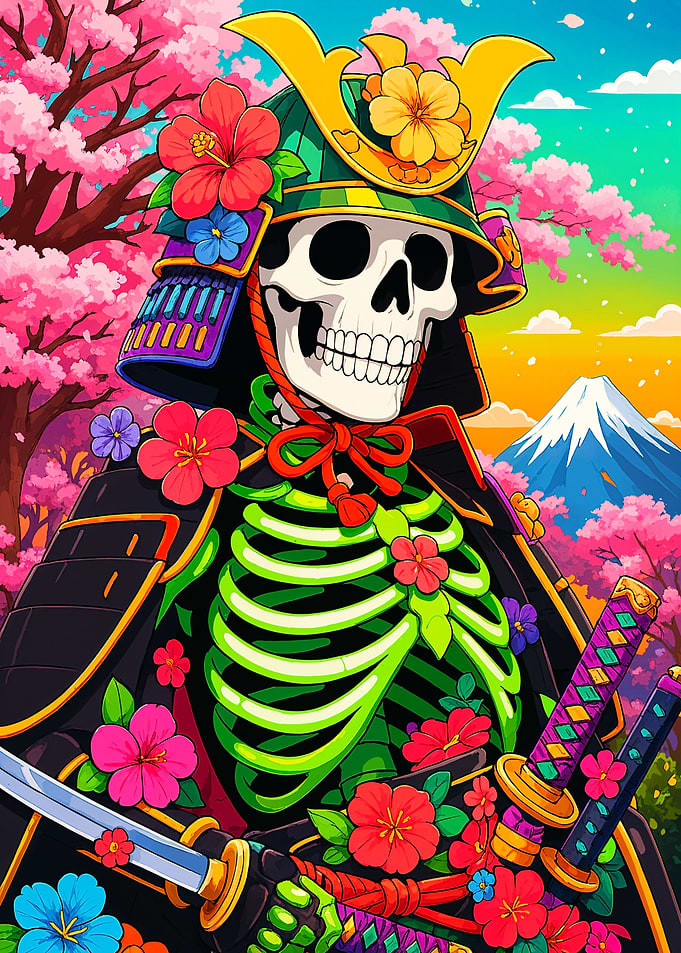 Floral Samurai Skeleton with Mount Fuji