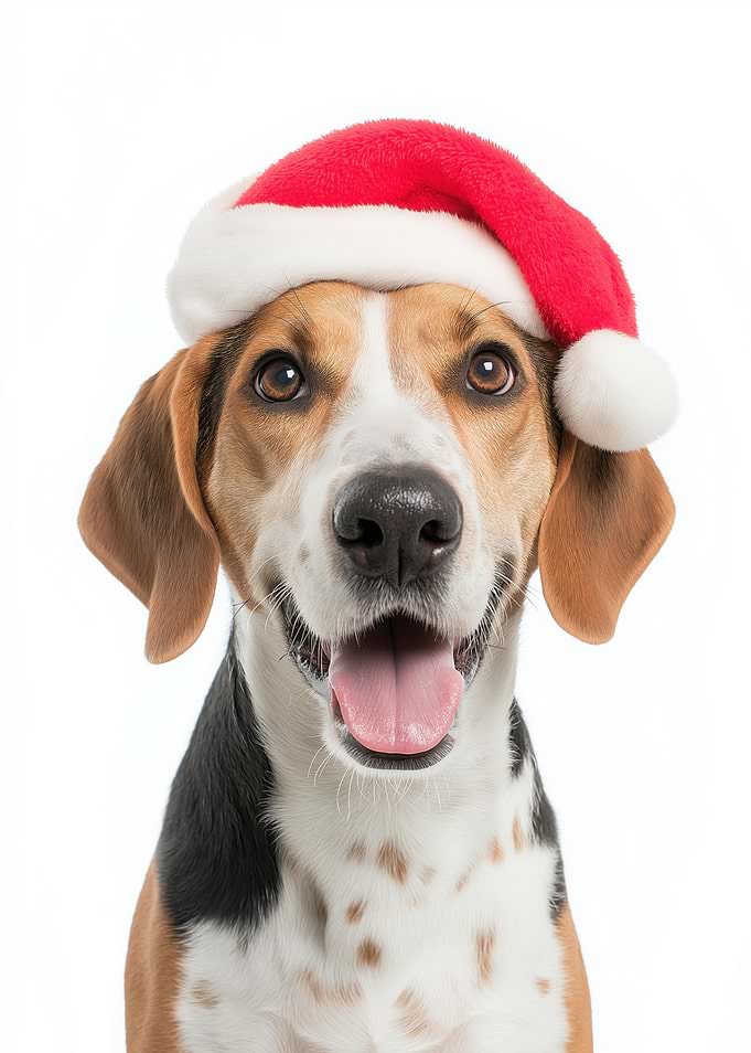 American Foxhound Dog with Santa Hat Portrait
