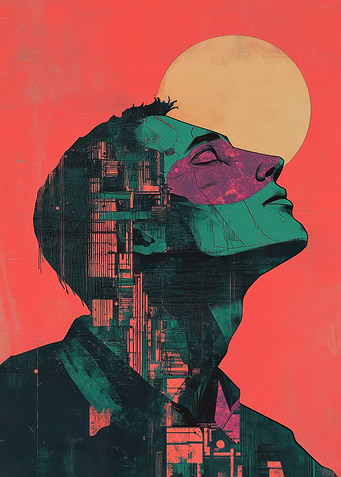 Contemplative Portrait with Cityscape Overlay
