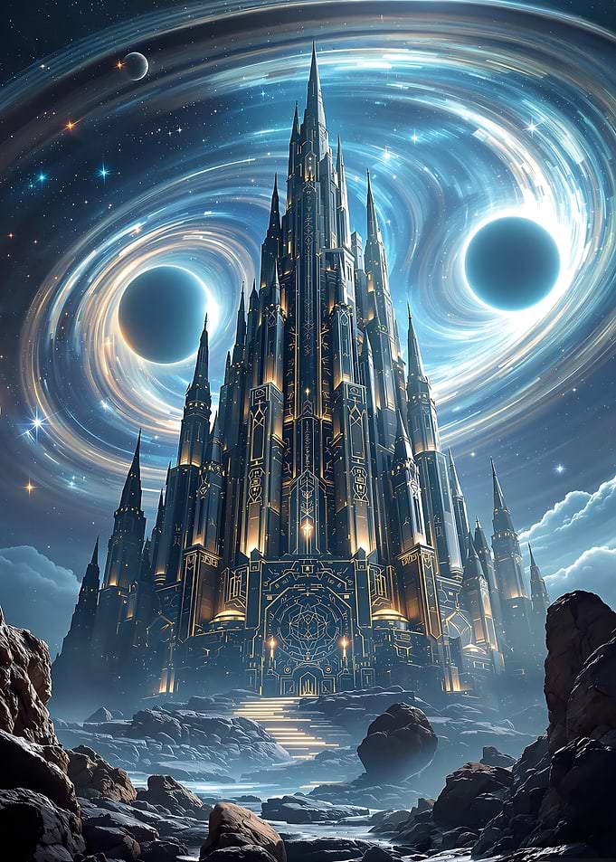 Voidspire Nexus A Celestial Castle in Cosmic Landscape